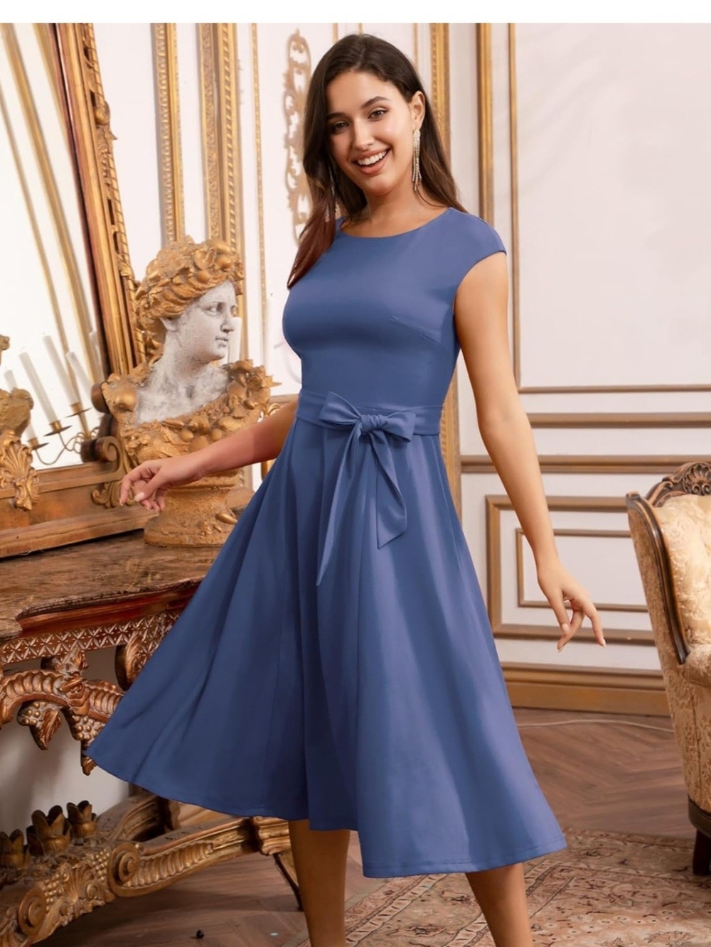 Cap-Sleeve A-Line Midi Dress in Periwinkle with Waist Tie